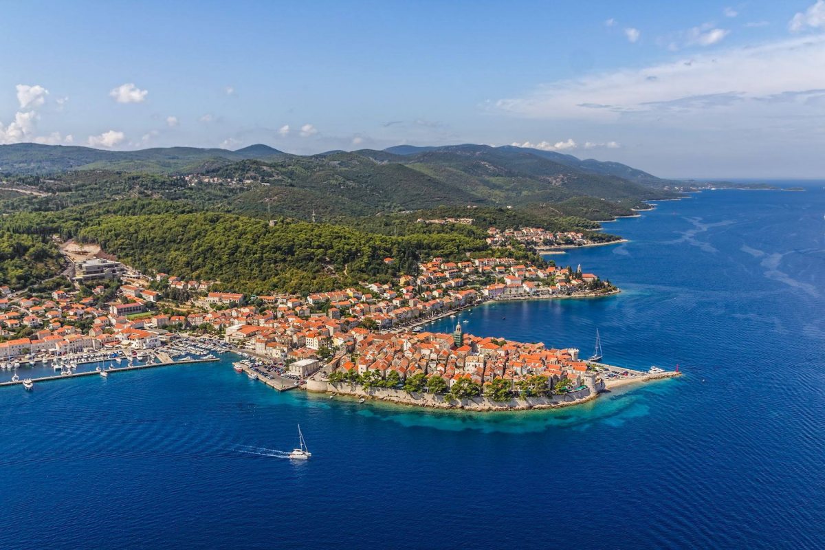 aerial panorama of Korčula and the surrounding